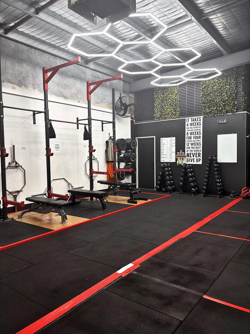ULTRABEAM hexagon LED lights above squat racks and benches at Tailored Fitness
